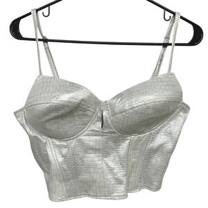 Metallic Faux Leather Bustier Crop Top M Silver Croc Embossed Corset NYE Party